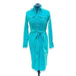 Lauren Ralph Lauren Green Shirt Dress Belted Long Sleeve Cotton Dress Size 4
